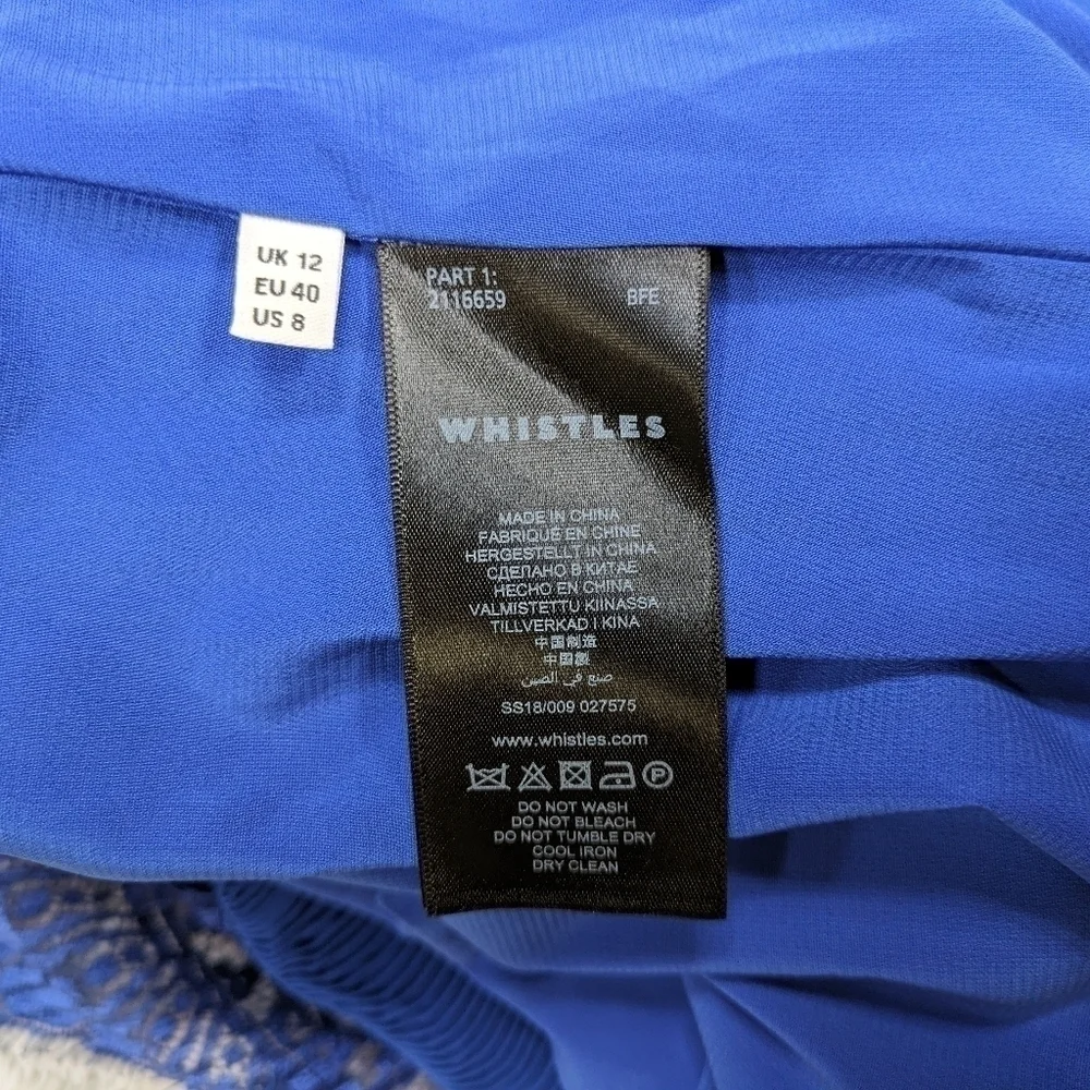 Whistles Skirt Women's 8 Blue Dahlia Pleated Lace Trim Knee Length Side Zip